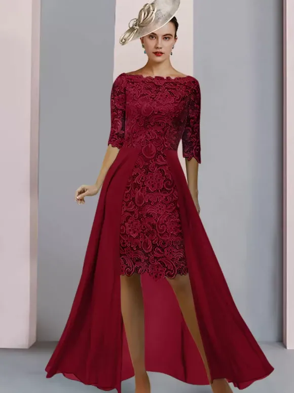 Robe de mère de mariée col bateau demie-manche en dentelle robe d'invitée mariage