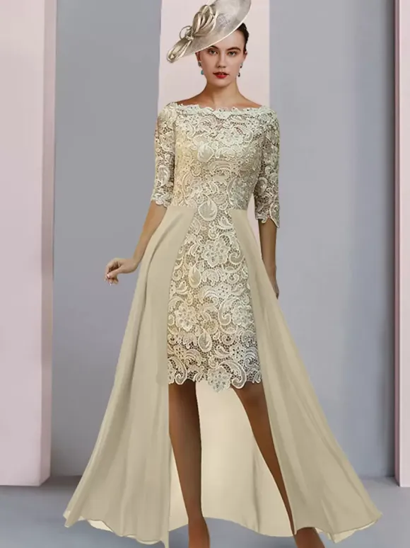 Robe de mère de mariée col bateau demie-manche en dentelle robe d'invitée mariage