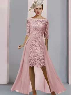 Robe de mère de mariée col bateau demie-manche en dentelle robe d'invitée mariage