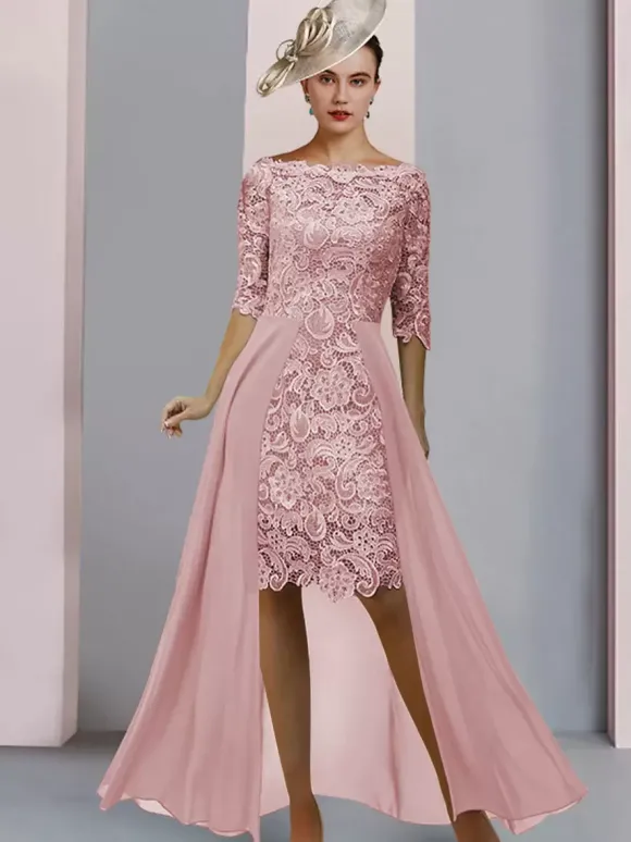 Robe de mère de mariée col bateau demie-manche en dentelle robe d'invitée mariage