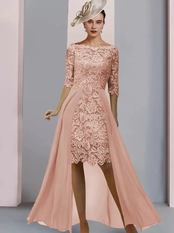 Robe de mère de mariée col bateau demie-manche en dentelle robe d'invitée mariage