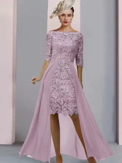 Robe de mère de mariée col bateau demie-manche en dentelle robe d'invitée mariage