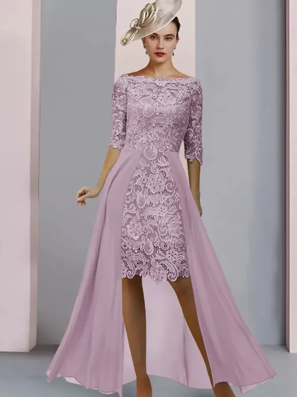 Robe de mère de mariée col bateau demie-manche en dentelle robe d'invitée mariage
