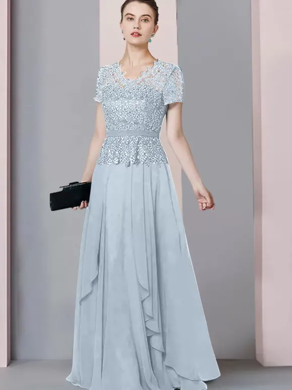 Robe de mère de mariée col en V manches courtes A-ligne dentelle longueur au sol robes d'invité de mariage personnalisation gratuite