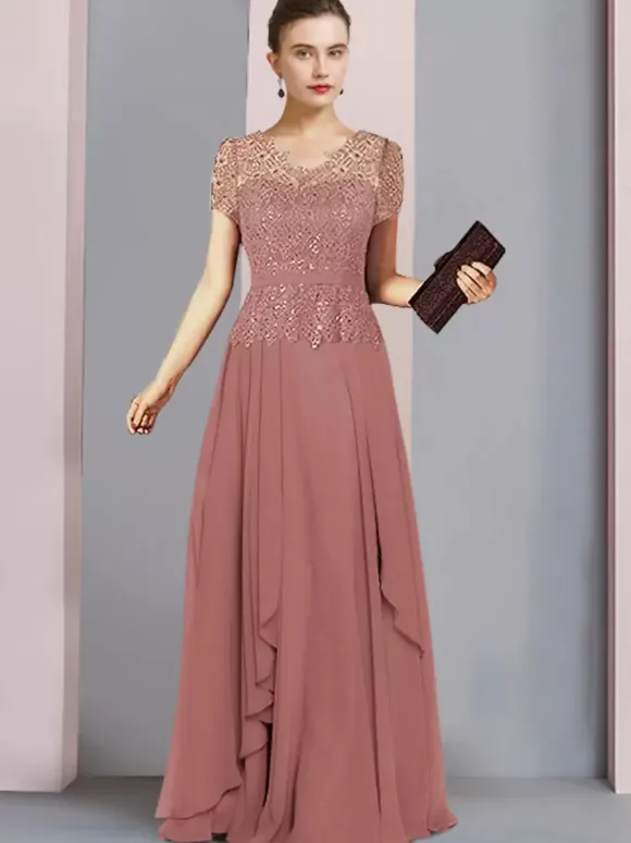 Robe de mère de mariée col en V manches courtes A-ligne dentelle longueur au sol robes d'invité de mariage personnalisation gratuite