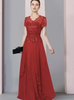 Robe de mère de mariée col en V manches courtes A-ligne dentelle longueur au sol robes d'invité de mariage personnalisation gratuite