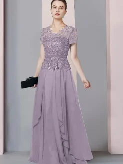 Robe de mère de mariée col en V manches courtes A-ligne dentelle longueur au sol robes d'invité de mariage personnalisation gratuite