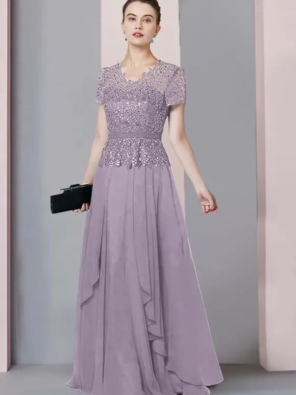 Robe de mère de mariée col en V manches courtes A-ligne dentelle longueur au sol robes d'invité de mariage personnalisation gratuite