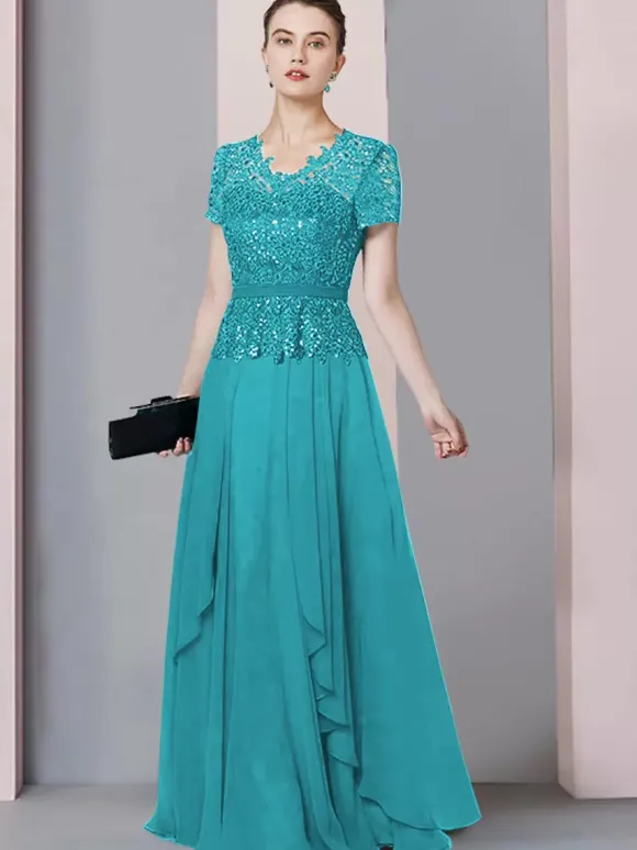 Robe de mère de mariée col en V manches courtes A-ligne dentelle longueur au sol robes d'invité de mariage personnalisation gratuite