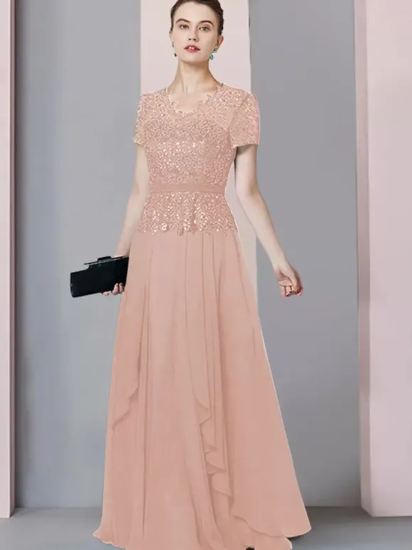 Robe de mère de mariée col en V manches courtes A-ligne dentelle longueur au sol robes d'invité de mariage personnalisation gratuite