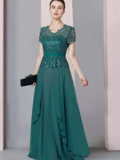 Robe de mère de mariée col en V manches courtes A-ligne dentelle longueur au sol robes d'invité de mariage personnalisation gratuite