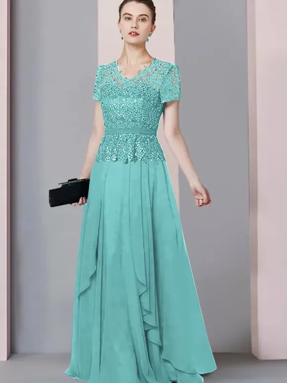 Robe de mère de mariée col en V manches courtes A-ligne dentelle longueur au sol robes d'invité de mariage personnalisation gratuite