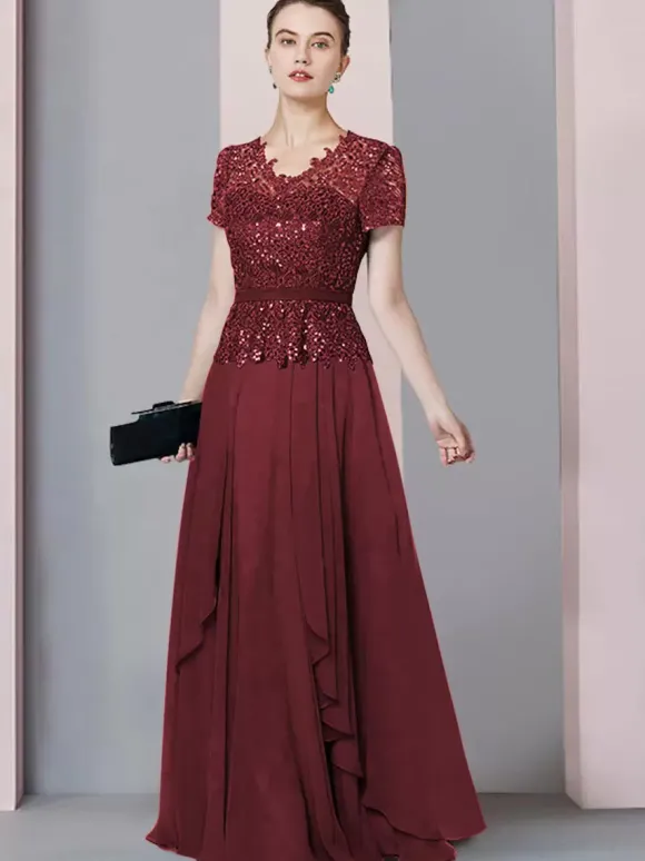 Robe de mère de mariée col en V manches courtes A-ligne dentelle longueur au sol robes d'invité de mariage personnalisation gratuite