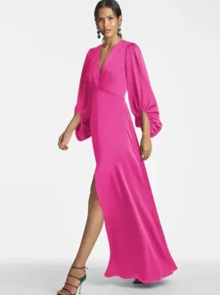 Robe de mère de mariée col en V manches 3/4 jupe fendue robe d'invitée de mariage