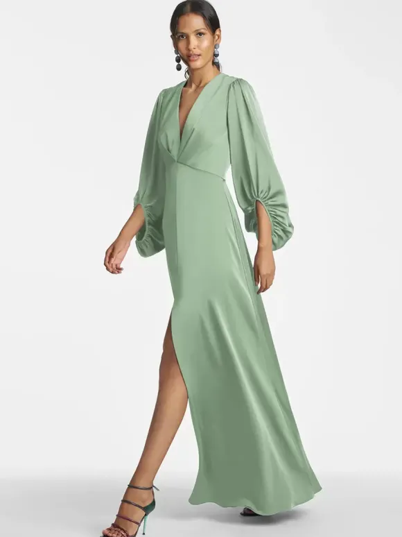 Robe de mère de mariée col en V manches 3/4 jupe fendue robe d'invitée de mariage