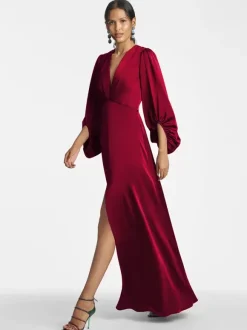 Robe de mère de mariée col en V manches 3/4 jupe fendue robe d'invitée de mariage