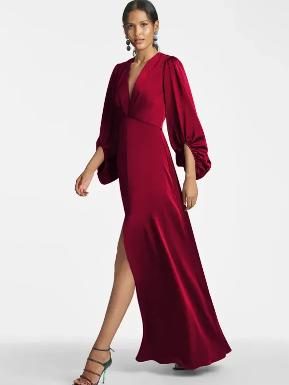 Robe de mère de mariée col en V manches 3/4 jupe fendue robe d'invitée de mariage