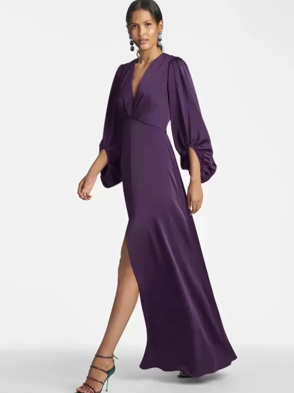 Robe de mère de mariée col en V manches 3/4 jupe fendue robe d'invitée de mariage