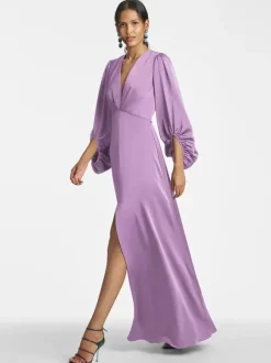 Robe de mère de mariée col en V manches 3/4 jupe fendue robe d'invitée de mariage