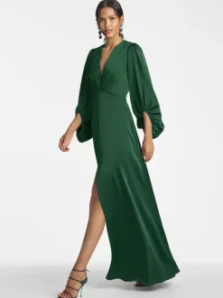 Robe de mère de mariée col en V manches 3/4 jupe fendue robe d'invitée de mariage