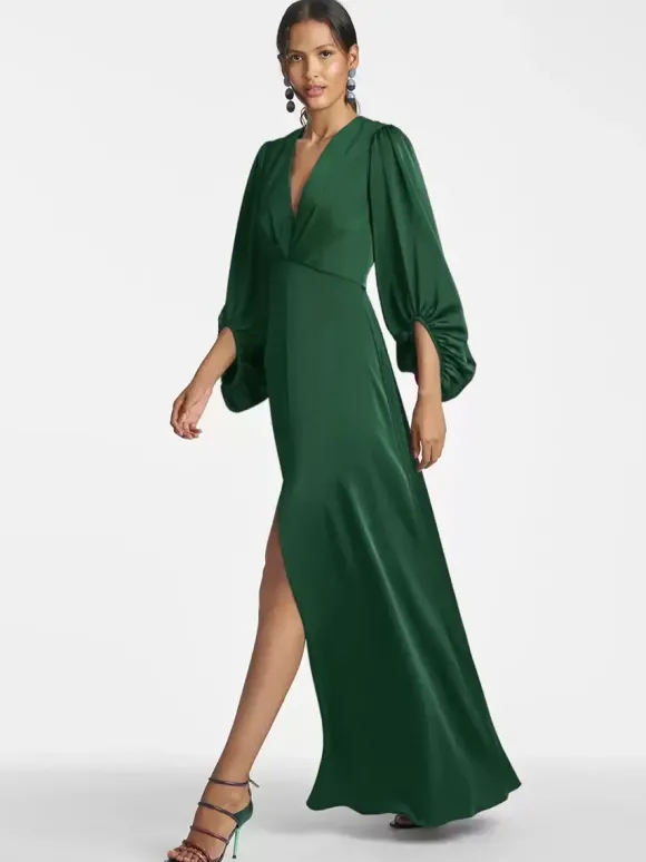 Robe de mère de mariée col en V manches 3/4 jupe fendue robe d'invitée de mariage