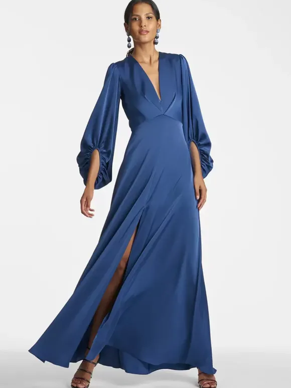 Robe de mère de mariée col en V manches 3/4 jupe fendue robe d'invitée de mariage