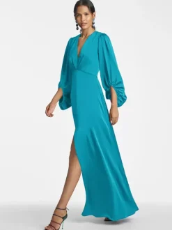 Robe de mère de mariée col en V manches 3/4 jupe fendue robe d'invitée de mariage
