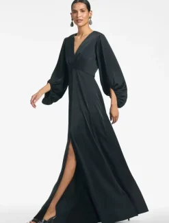 Robe de mère de mariée col en V manches 3/4 jupe fendue robe d'invitée de mariage