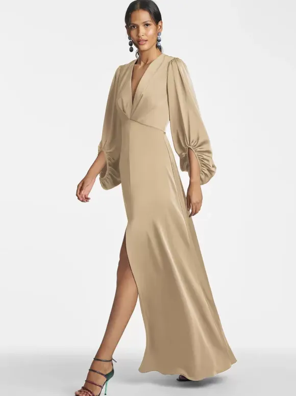 Robe de mère de mariée col en V manches 3/4 jupe fendue robe d'invitée de mariage