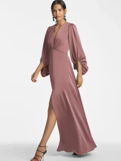Robe de mère de mariée col en V manches 3/4 jupe fendue robe d'invitée de mariage