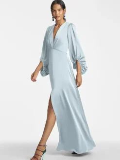 Robe de mère de mariée col en V manches 3/4 jupe fendue robe d'invitée de mariage