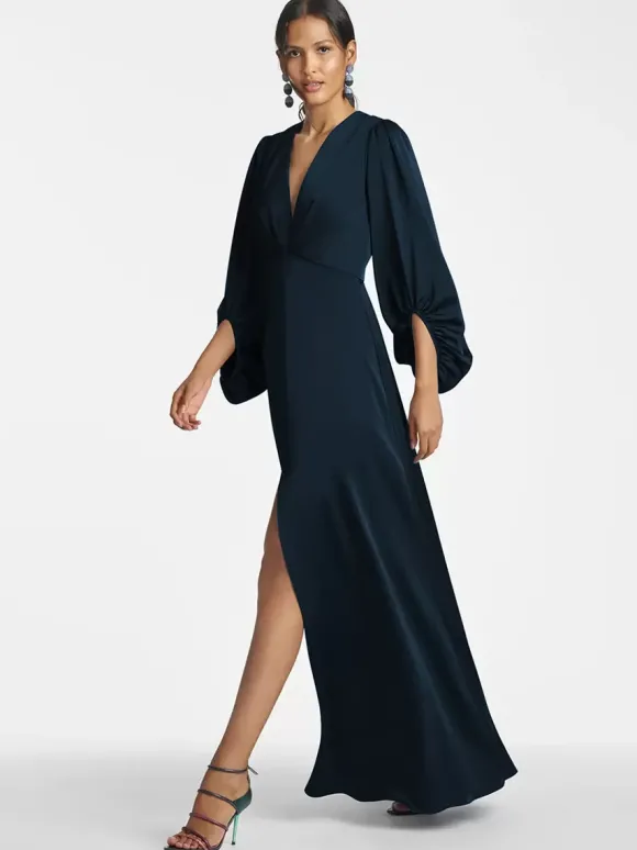 Robe de mère de mariée col en V manches 3/4 jupe fendue robe d'invitée de mariage