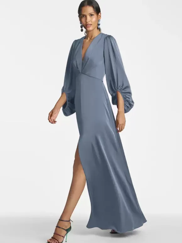 Robe de mère de mariée col en V manches 3/4 jupe fendue robe d'invitée de mariage