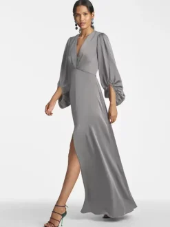Robe de mère de mariée col en V manches 3/4 jupe fendue robe d'invitée de mariage