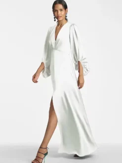 Robe de mère de mariée col en V manches 3/4 jupe fendue robe d'invitée de mariage