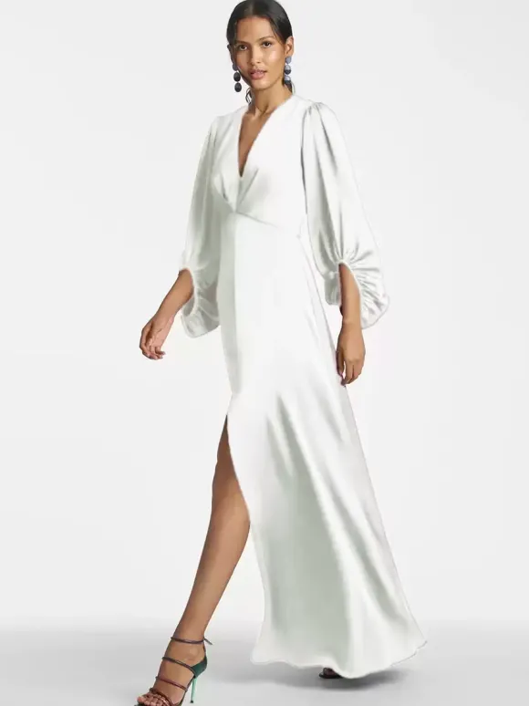 Robe de mère de mariée col en V manches 3/4 jupe fendue robe d'invitée de mariage