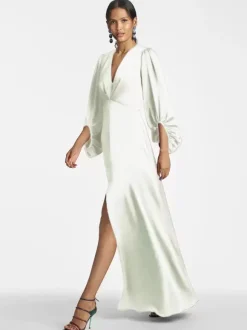 Robe de mère de mariée col en V manches 3/4 jupe fendue robe d'invitée de mariage