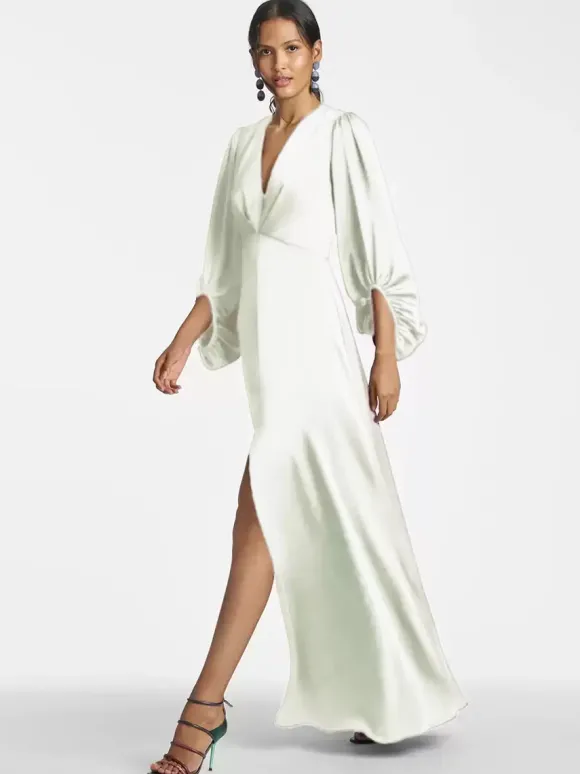 Robe de mère de mariée col en V manches 3/4 jupe fendue robe d'invitée de mariage