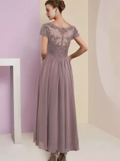 Robe de mère de mariée deux pièces col v manche courte en mousseline de soie