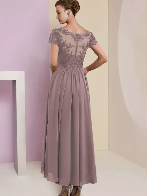 Robe de mère de mariée deux pièces col v manche courte en mousseline de soie