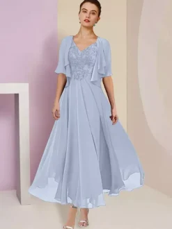 Robe de mère de mariée deux pièces col v manche courte en mousseline de soie