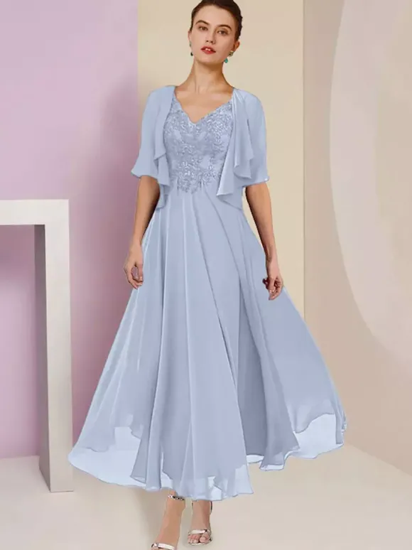 Robe de mère de mariée deux pièces col v manche courte en mousseline de soie