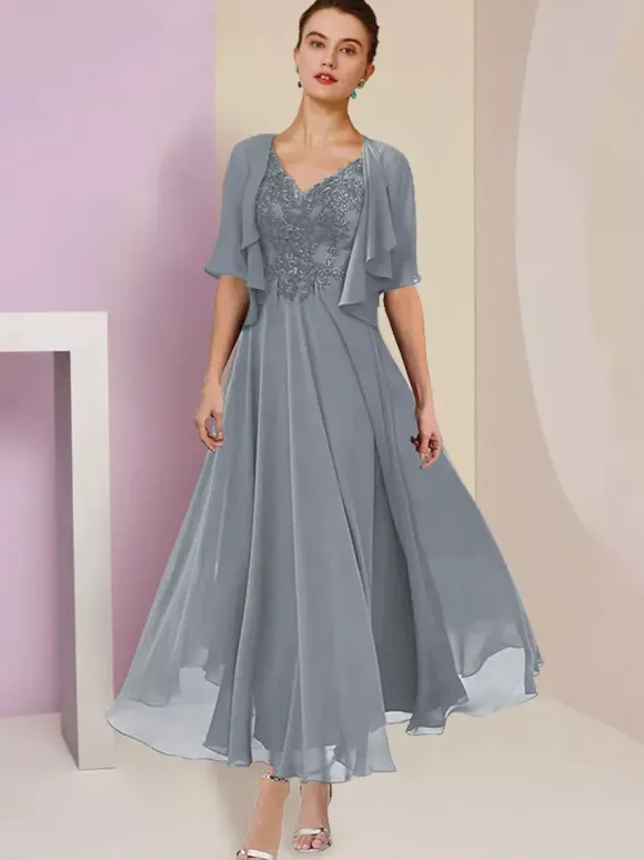 Robe de mère de mariée deux pièces col v manche courte en mousseline de soie
