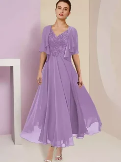Robe de mère de mariée deux pièces col v manche courte en mousseline de soie