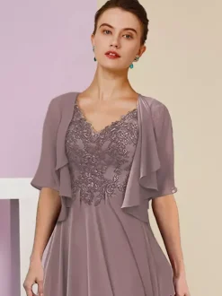 Robe de mère de mariée deux pièces col v manche courte en mousseline de soie