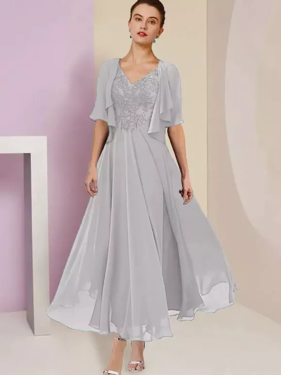 Robe de mère de mariée deux pièces col v manche courte en mousseline de soie