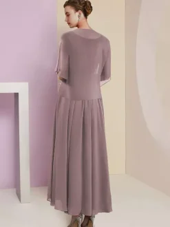Robe de mère de mariée deux pièces col v manche courte en mousseline de soie