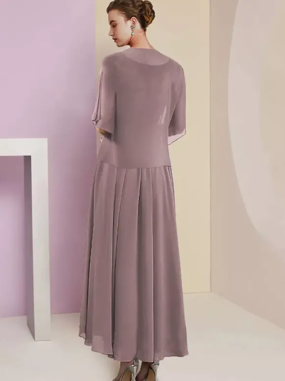 Robe de mère de mariée deux pièces col v manche courte en mousseline de soie