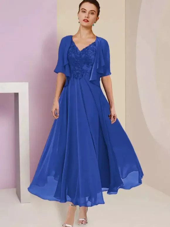 Robe de mère de mariée deux pièces col v manche courte en mousseline de soie