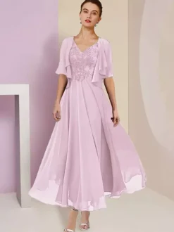 Robe de mère de mariée deux pièces col v manche courte en mousseline de soie